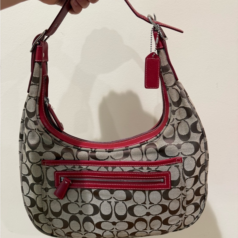 Coach Signature Hobo Bag with Red Accents